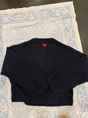White + Warren Navy Cashmere Sweater with Red Heart Accent